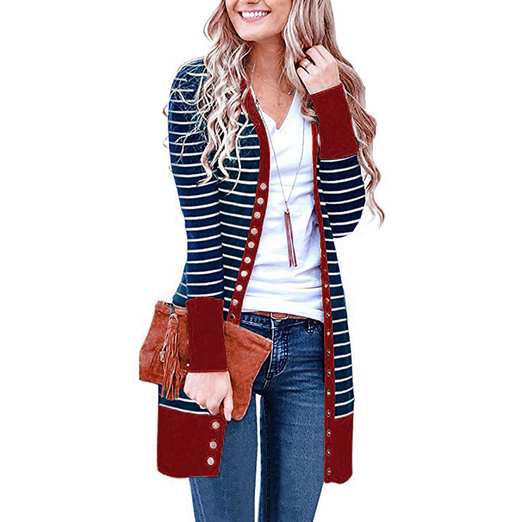 Cardigans- Striped Button-Up Duster Cardigan for Women- - IndioGear.com