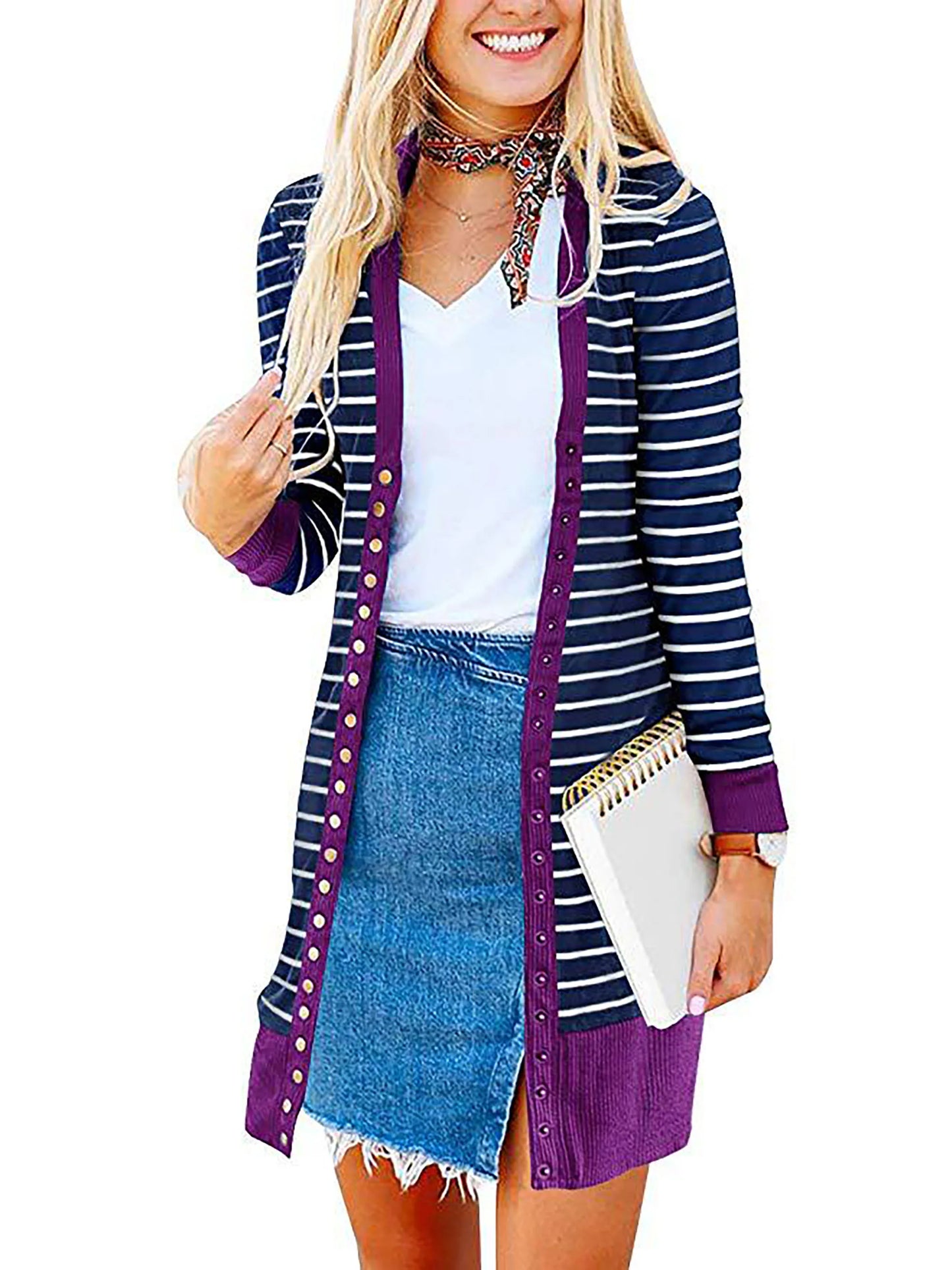 Cardigans- Striped Button-Up Duster Cardigan for Women- Purple- IndioGear.com