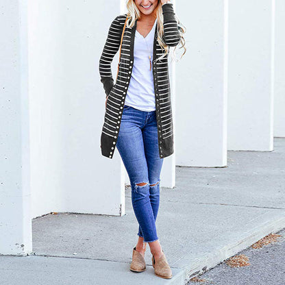 Cardigans- Striped Button-Up Duster Cardigan for Women- - IndioGear.com