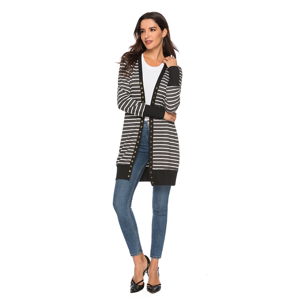 Cardigans- Striped Button-Up Duster Cardigan for Women- - IndioGear.com