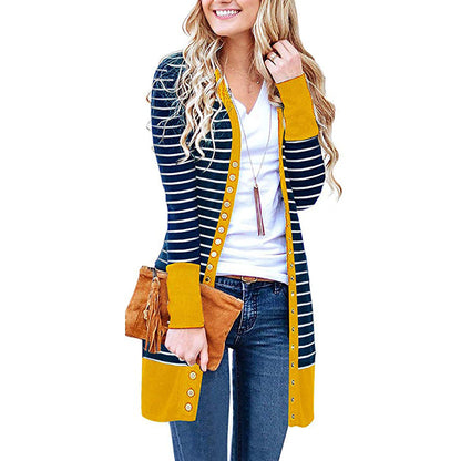 Cardigans- Striped Button-Up Duster Cardigan for Women- - IndioGear.com