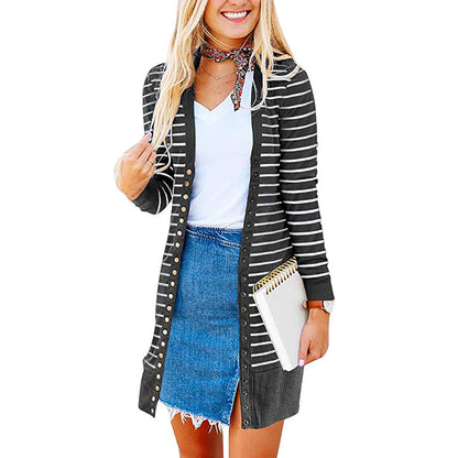 Cardigans- Striped Button-Up Duster Cardigan for Women- - IndioGear.com