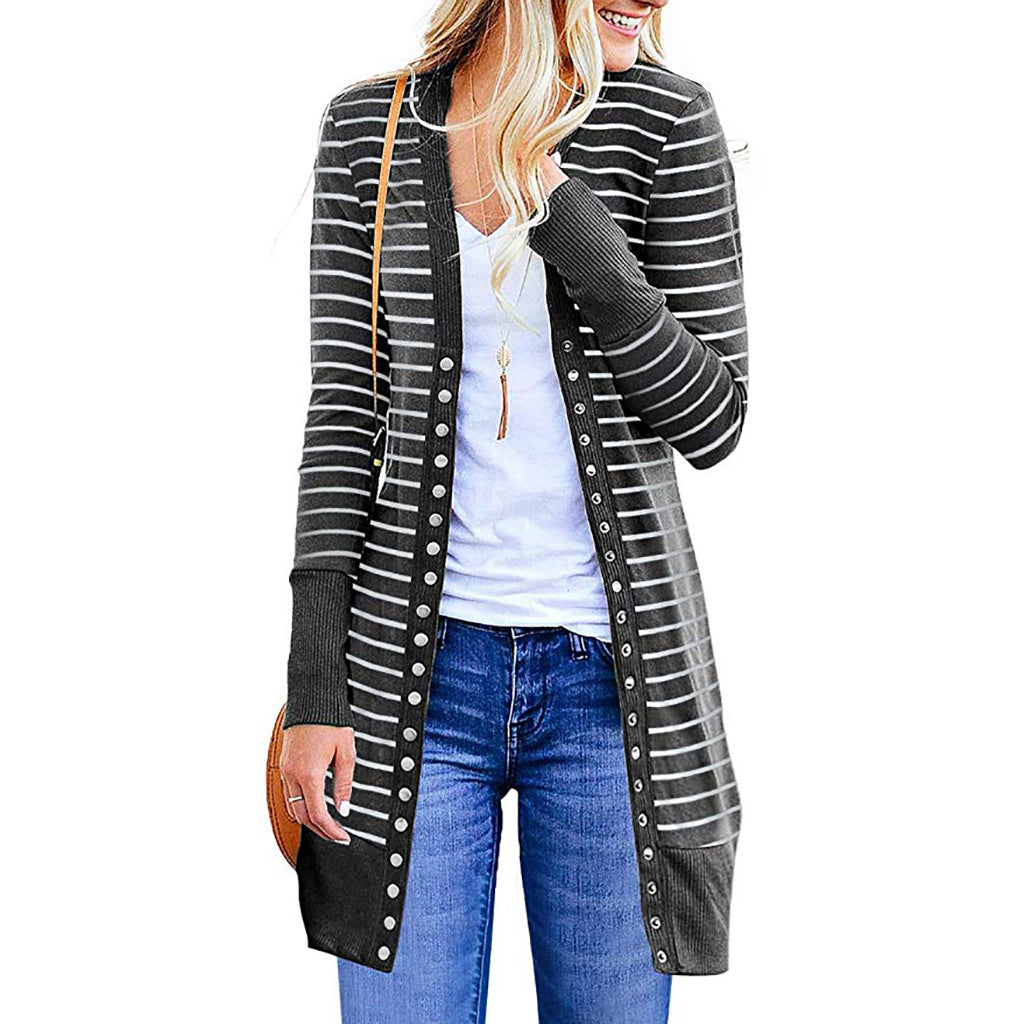 Cardigans- Striped Button-Up Duster Cardigan for Women- - IndioGear.com