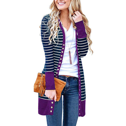 Cardigans- Striped Button-Up Duster Cardigan for Women- - IndioGear.com