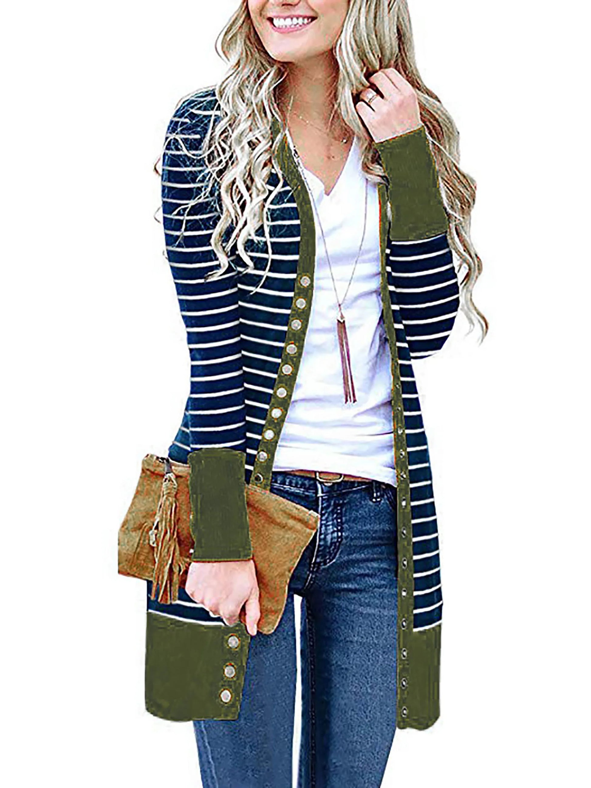 Cardigans- Striped Button-Up Duster Cardigan for Women- Green- IndioGear.com