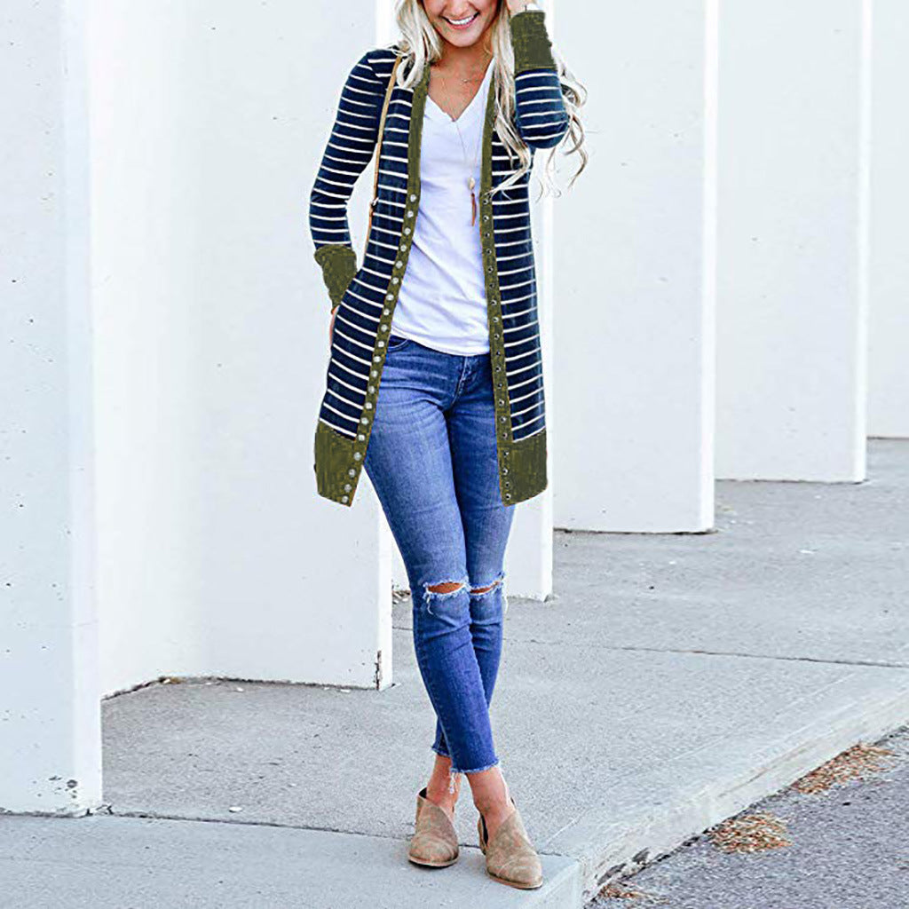 Cardigans- Striped Button-Up Duster Cardigan for Women- - IndioGear.com