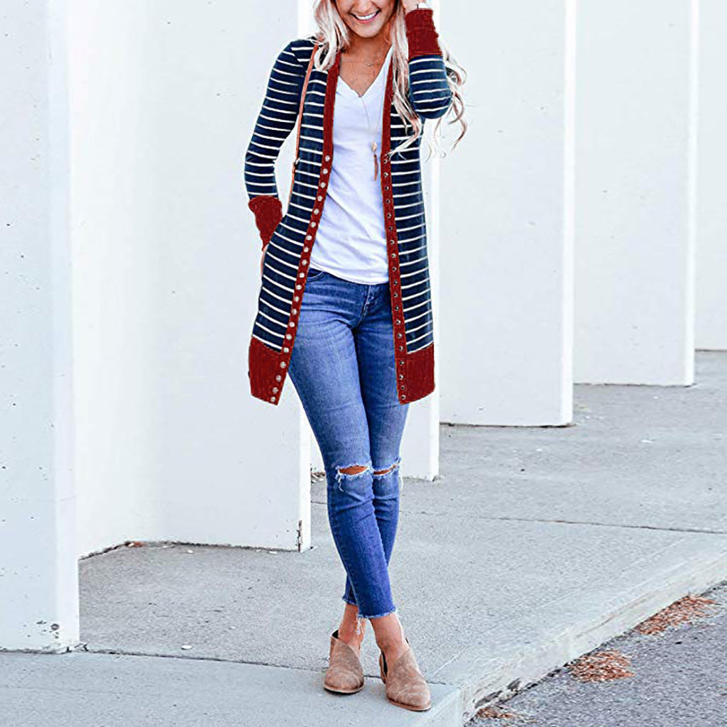 Cardigans- Striped Button-Up Duster Cardigan for Women- - IndioGear.com