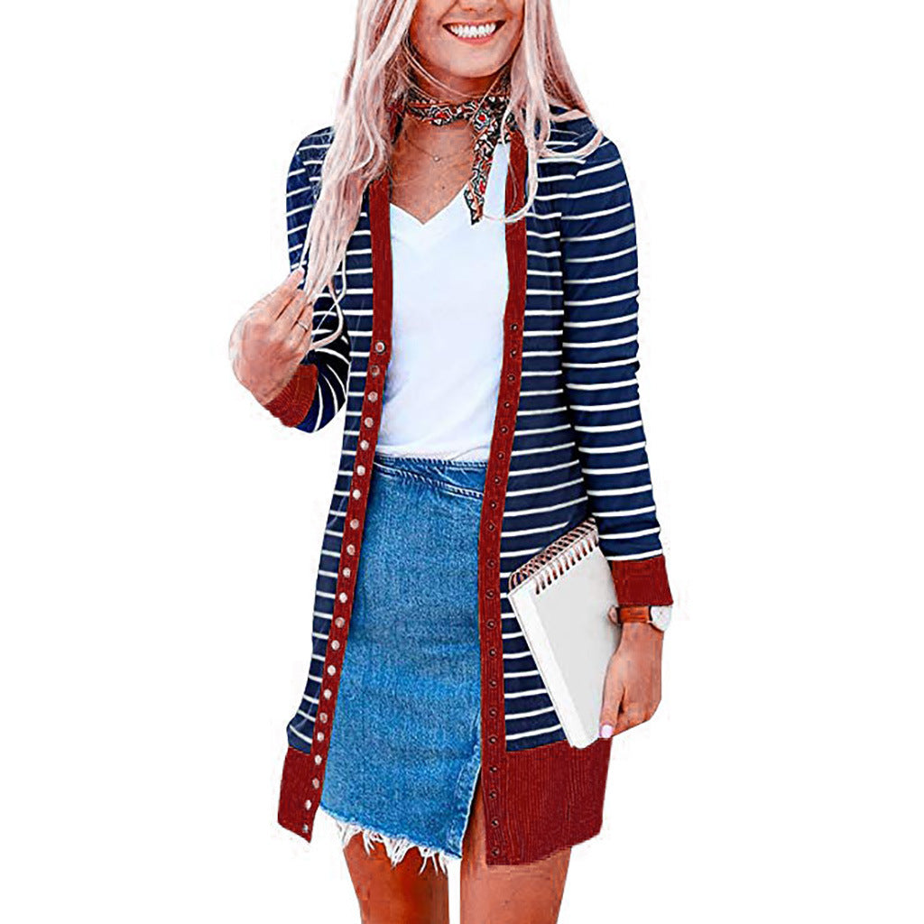 Cardigans- Striped Button-Up Duster Cardigan for Women- - IndioGear.com