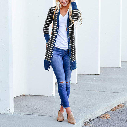 Cardigans- Striped Button-Up Duster Cardigan for Women- - IndioGear.com