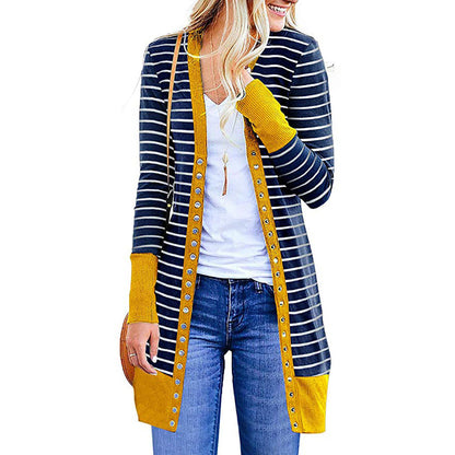 Cardigans- Striped Button-Up Duster Cardigan for Women- - IndioGear.com