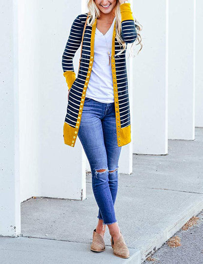 Cardigans- Striped Button-Up Duster Cardigan for Women- - IndioGear.com