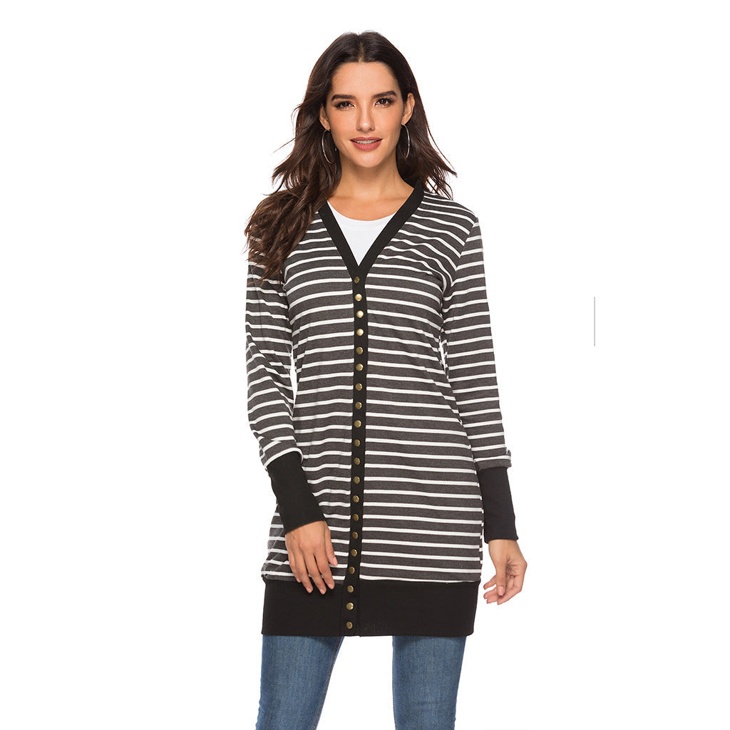 Cardigans- Striped Button-Up Duster Cardigan for Women- - IndioGear.com