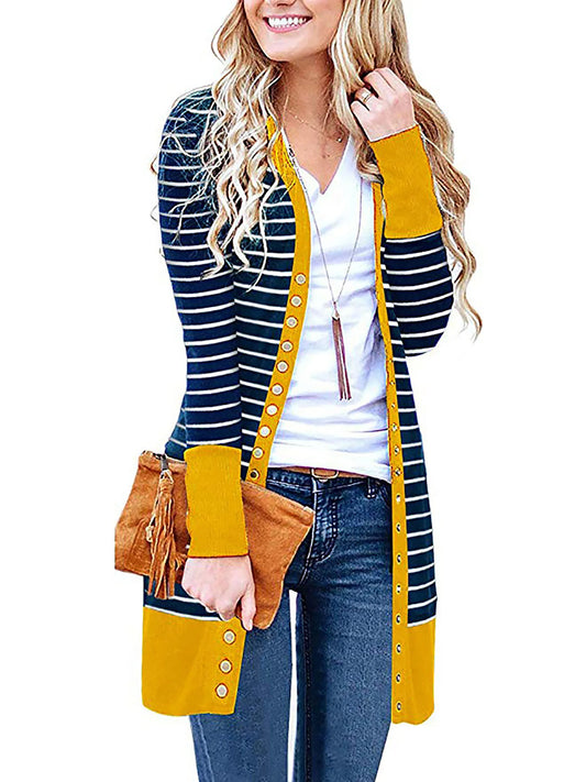 Cardigans- Striped Button-Up Duster Cardigan for Women- Yellow- IndioGear.com