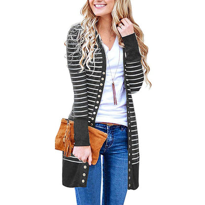 Cardigans- Striped Button-Up Duster Cardigan for Women- - IndioGear.com