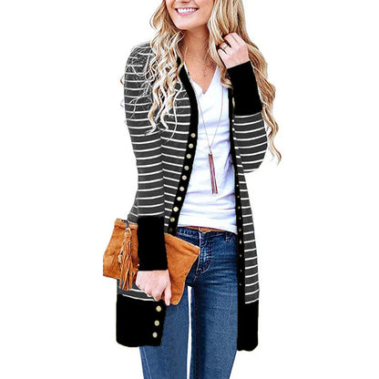 Cardigans- Striped Button-Up Duster Cardigan for Women- - IndioGear.com