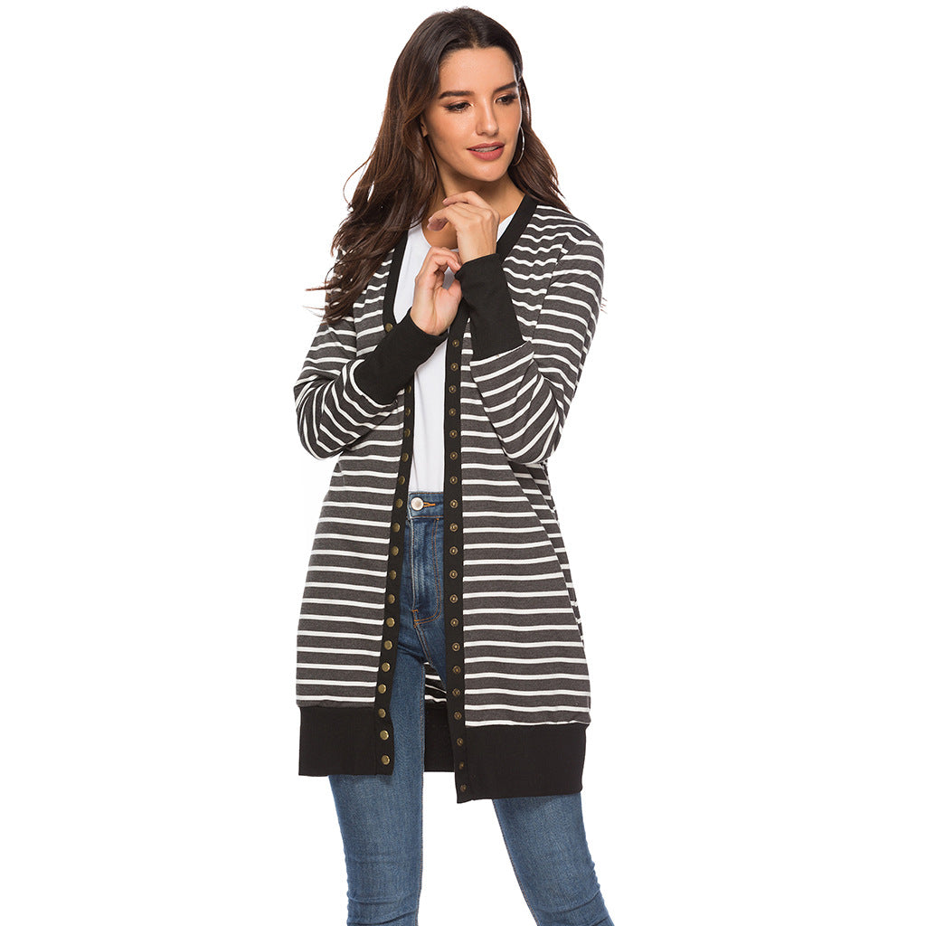 Cardigans- Striped Button-Up Duster Cardigan for Women- - IndioGear.com