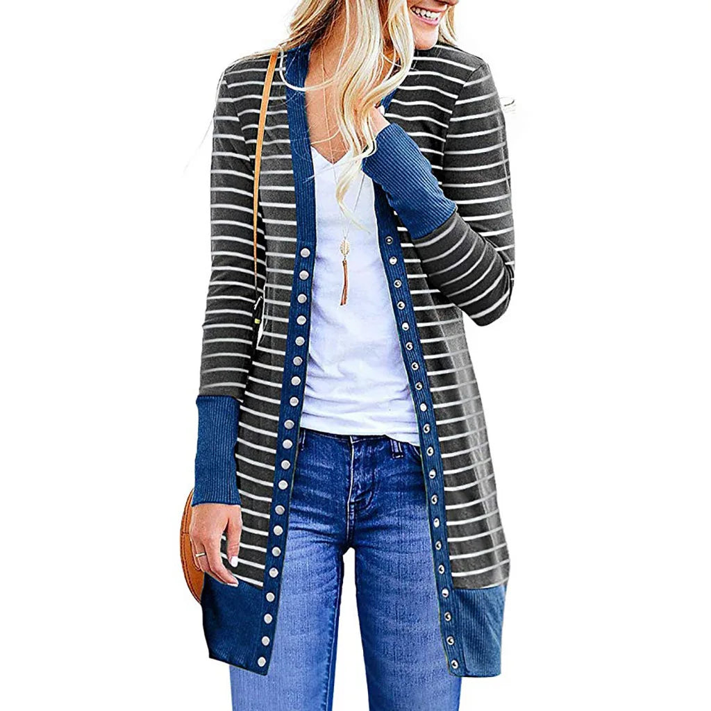 Cardigans- Striped Button-Up Duster Cardigan for Women- - IndioGear.com