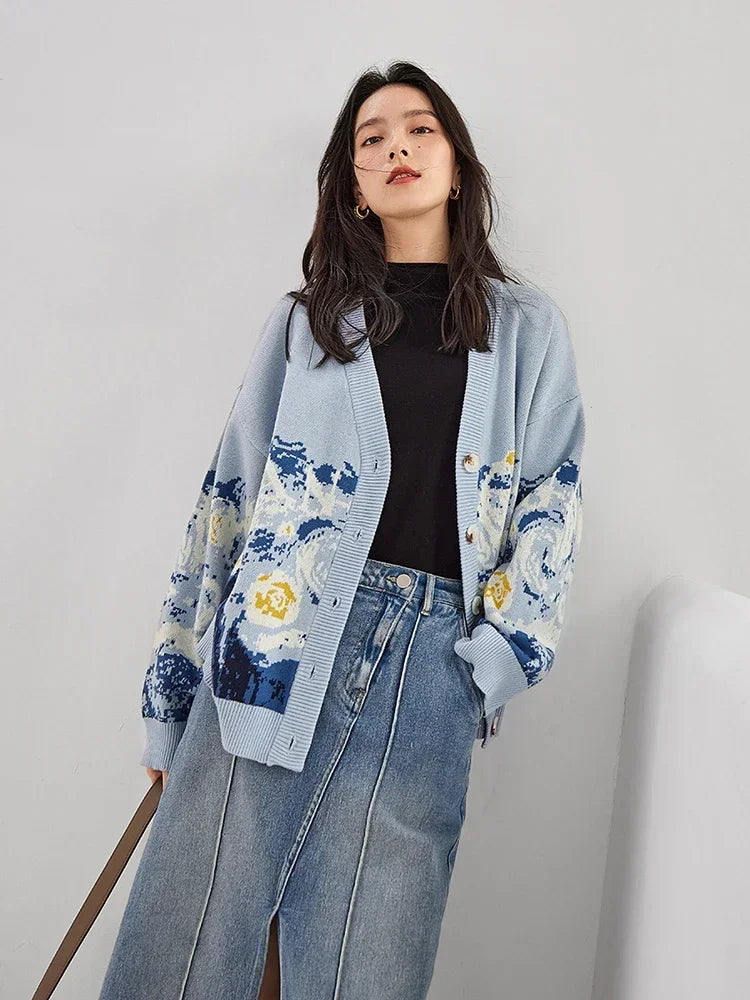 Cardigans- Van Gogh Print Winter Cardigan- - IndioGear.com