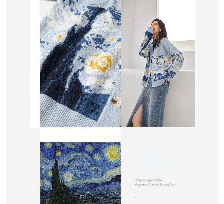 Cardigans- Van Gogh Print Winter Cardigan- - IndioGear.com