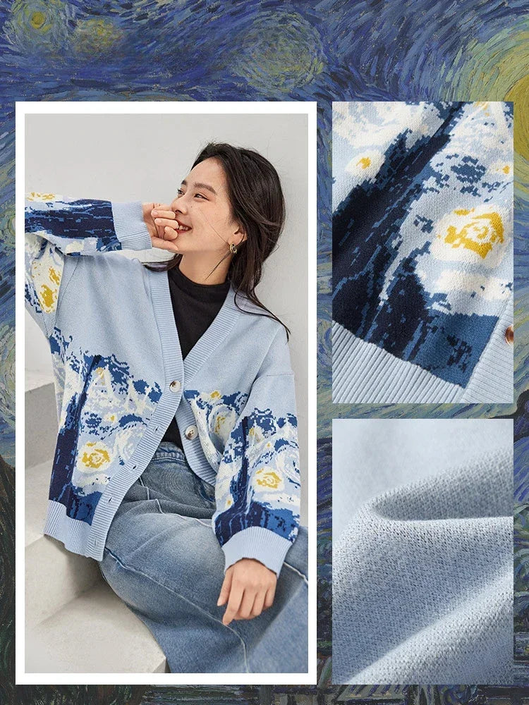 Cardigans- Van Gogh Print Winter Cardigan- - IndioGear.com