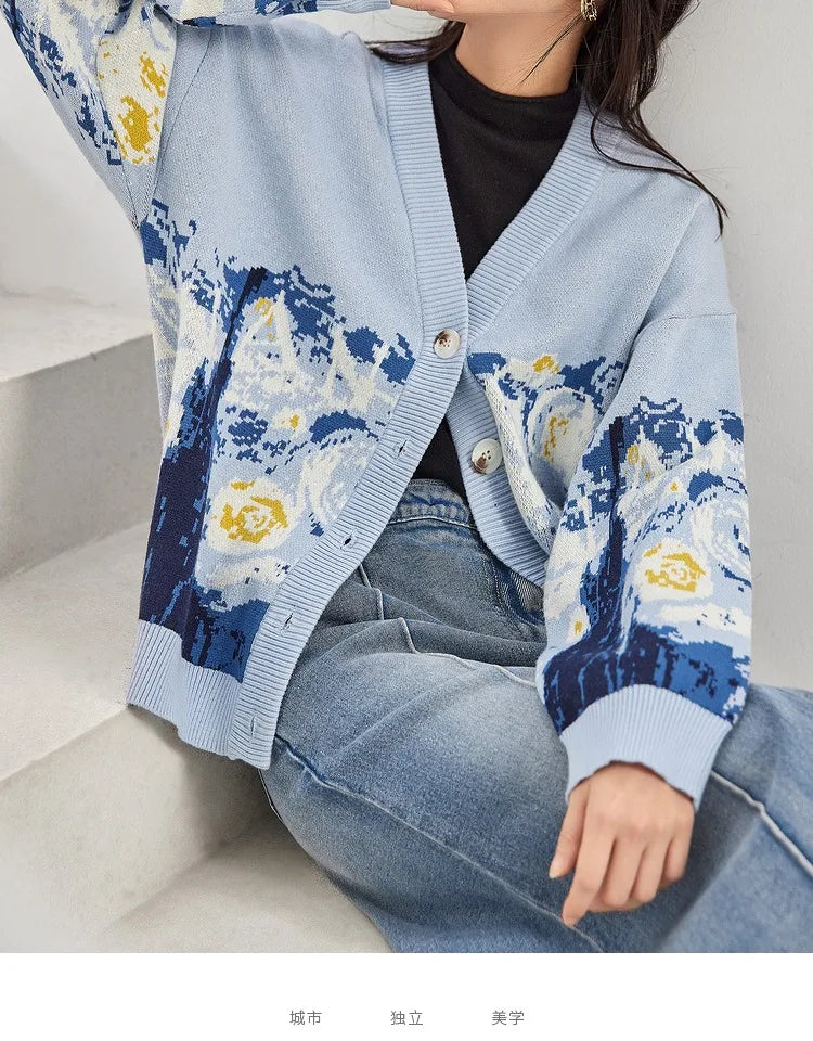 Cardigans- Van Gogh Print Winter Cardigan- - IndioGear.com