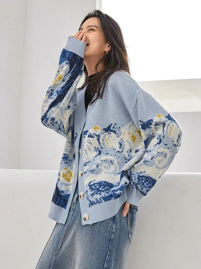 Cardigans- Van Gogh Print Winter Cardigan- Blue- IndioGear.com