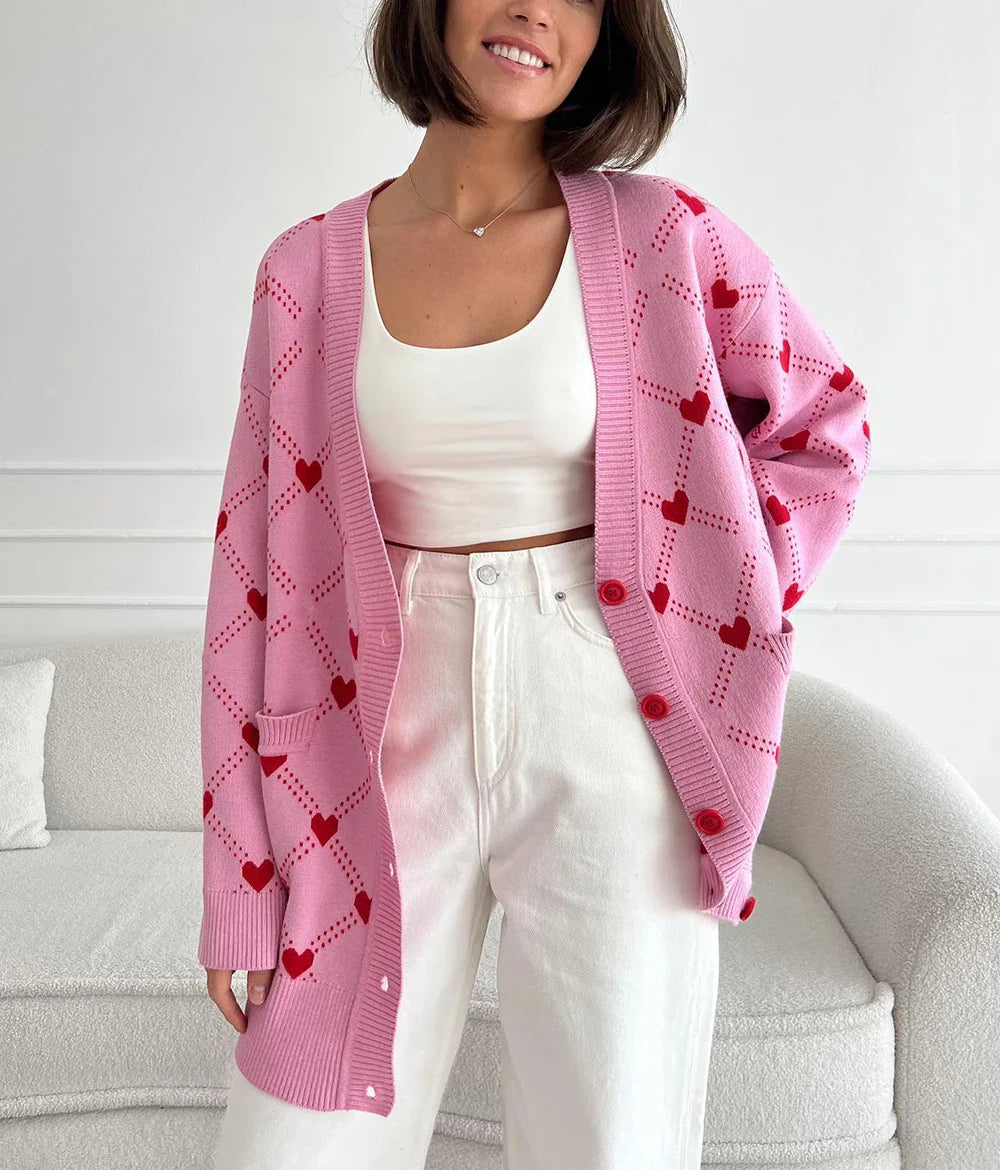 Cardigans- Vibrant Pink Argyle Knit Cardigan- - IndioGear.com