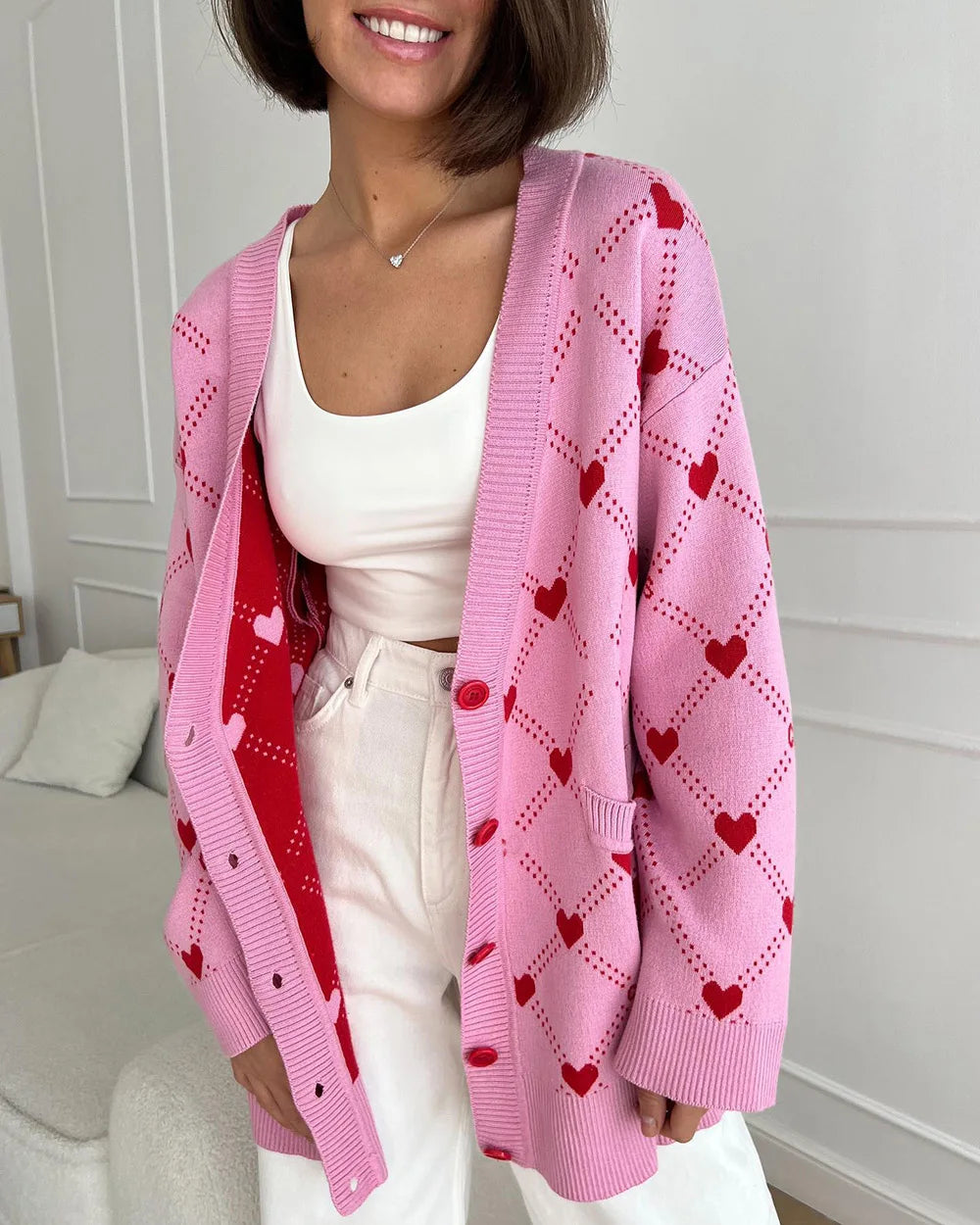 Cardigans- Vibrant Pink Argyle Knit Cardigan- - IndioGear.com