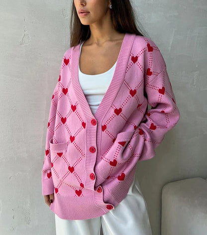 Cardigans- Vibrant Pink Argyle Knit Cardigan- - IndioGear.com