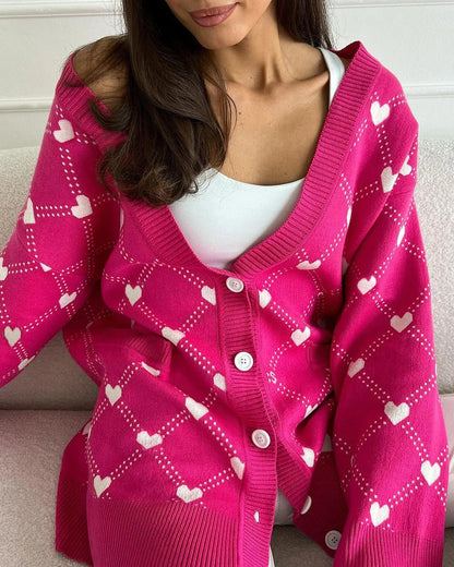 Cardigans- Vibrant Pink Argyle Knit Cardigan- - IndioGear.com