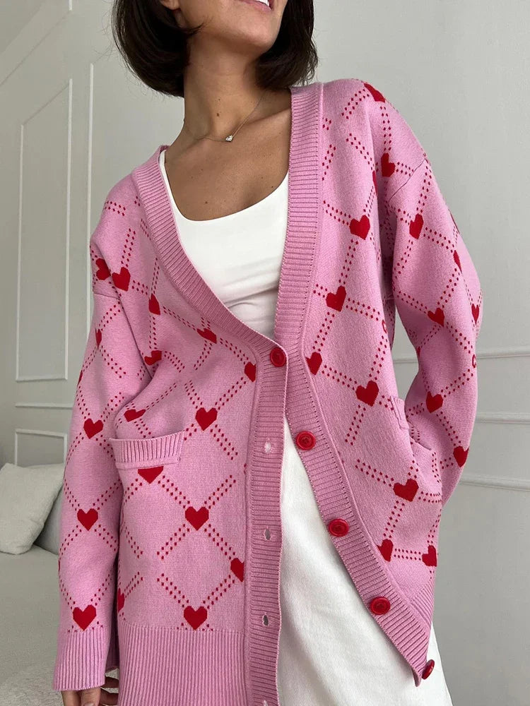 Cardigans- Vibrant Pink Argyle Knit Cardigan- Pink- IndioGear.com