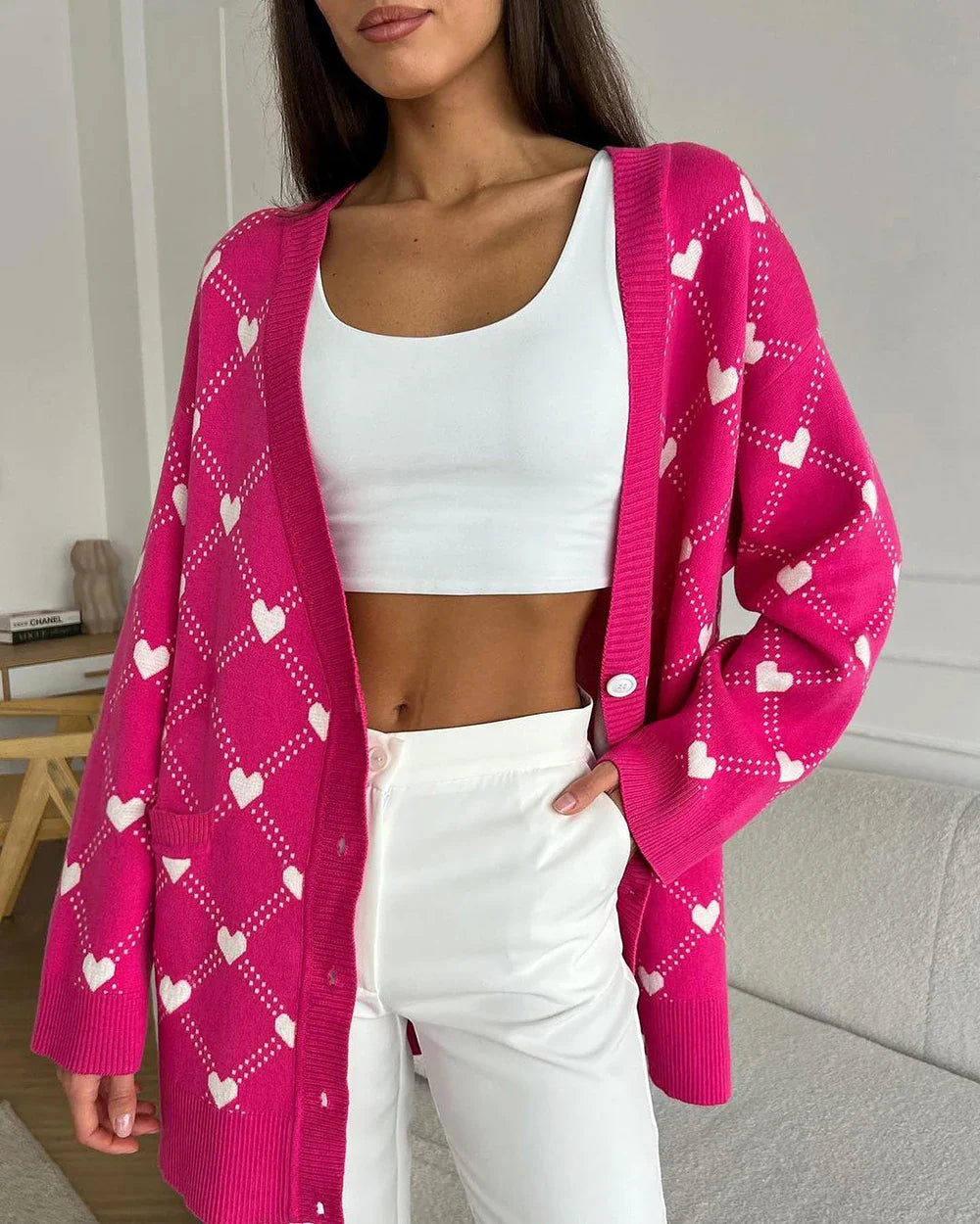 Cardigans- Vibrant Pink Argyle Knit Cardigan- - IndioGear.com