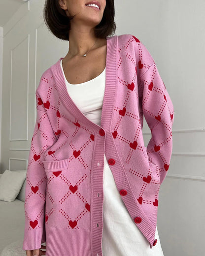 Cardigans- Vibrant Pink Argyle Knit Cardigan- - IndioGear.com