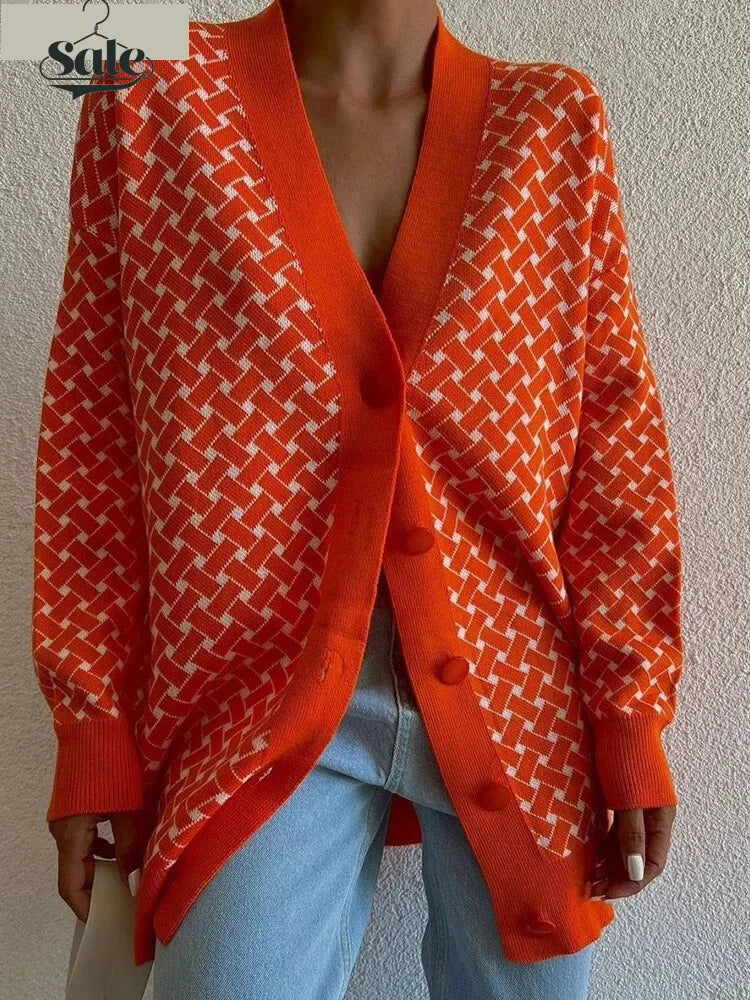 Cardigans- Vivid Houndstooth Statement Oversized Cardigan- - IndioGear.com