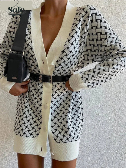 Cardigans- Vivid Houndstooth Statement Oversized Cardigan- - IndioGear.com