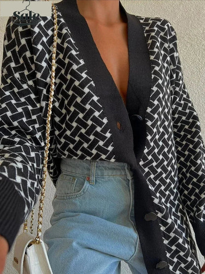 Cardigans- Vivid Houndstooth Statement Oversized Cardigan- - IndioGear.com