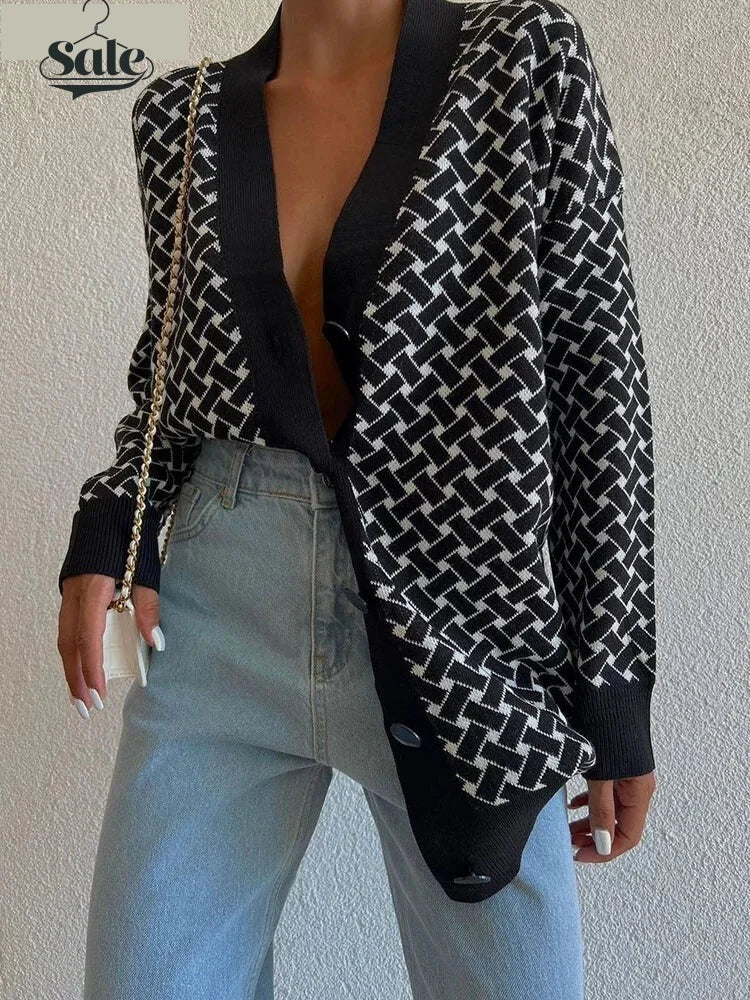 Cardigans- Vivid Houndstooth Statement Oversized Cardigan- - IndioGear.com