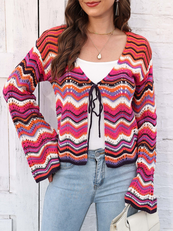 Cardigans- Wave Pattern Cardigans - Casual Toppers- Rose- IndioGear.com