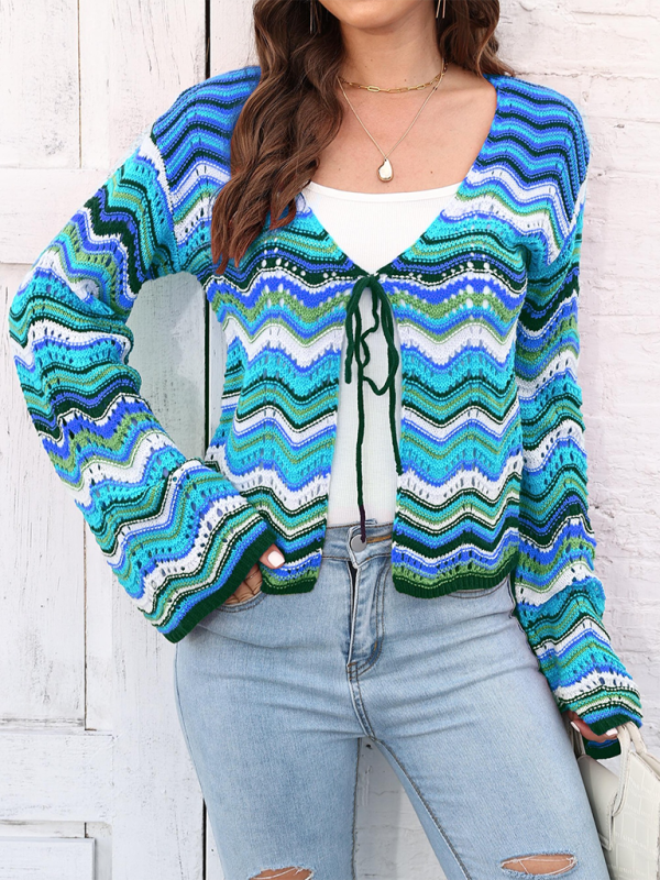 Cardigans- Wave Pattern Cardigans - Casual Toppers- Blue- IndioGear.com