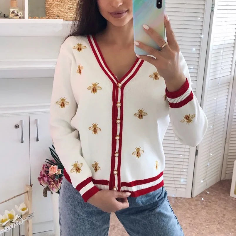 Cardigans- Women Bee-Embroidered Cardigan- - IndioGear.com