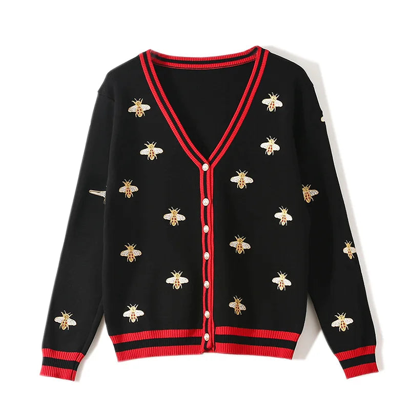 Cardigans- Women Bee-Embroidered Cardigan- Black- IndioGear.com