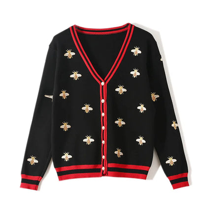 Cardigans- Women Bee-Embroidered Cardigan- Black- IndioGear.com