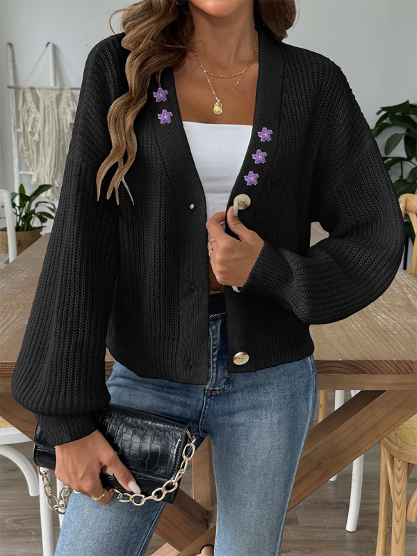 Cardigans- Women’s Button-Up Crop Cardigan | Purple Flower Embroidery Sweater- - IndioGear.com