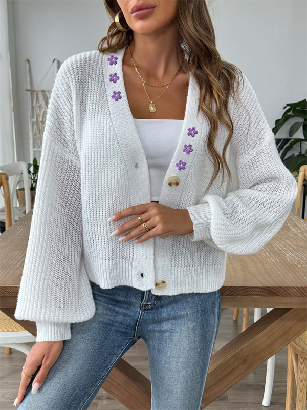 Cardigans- Women’s Button-Up Crop Cardigan | Purple Flower Embroidery Sweater- - IndioGear.com