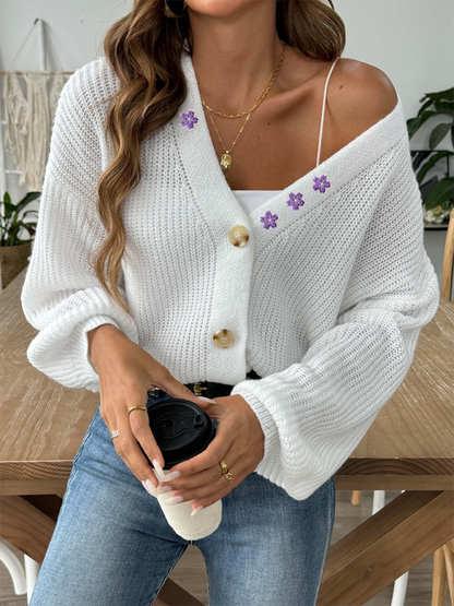 Cardigans- Women’s Button-Up Crop Cardigan | Purple Flower Embroidery Sweater- White- IndioGear.com