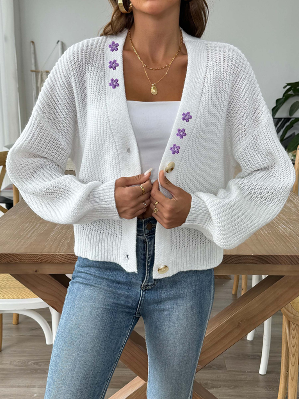 Cardigans- Women’s Button-Up Crop Cardigan | Purple Flower Embroidery Sweater- - IndioGear.com