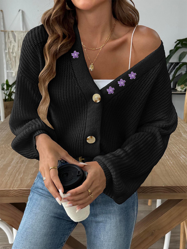 Cardigans- Women’s Button-Up Crop Cardigan | Purple Flower Embroidery Sweater- Black- IndioGear.com