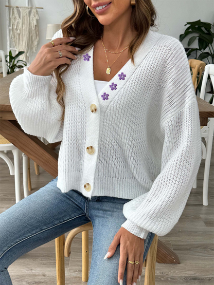 Cardigans- Women’s Button-Up Crop Cardigan | Purple Flower Embroidery Sweater- - IndioGear.com