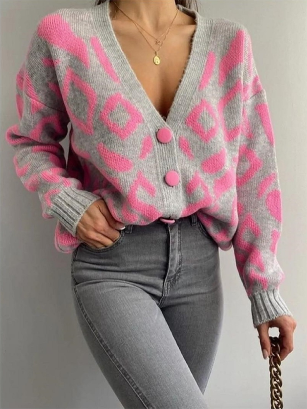 Cardigans- Women’s Cozy Button-Up Cardigan with Pink Abstract Knitting- - IndioGear.com