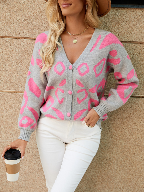 Cardigans- Women’s Cozy Button-Up Cardigan with Pink Abstract Knitting- - IndioGear.com